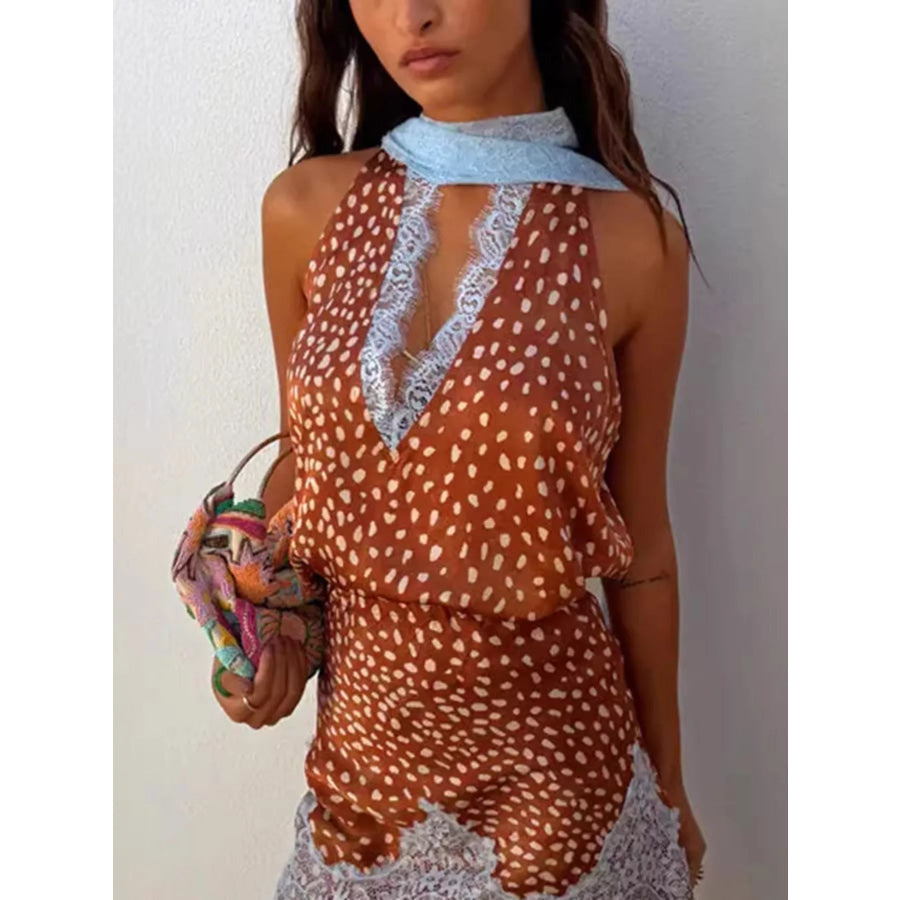 Sleeveless Top and Lace Detail Skirt Set Brown-Top / S Apparel and Accessories