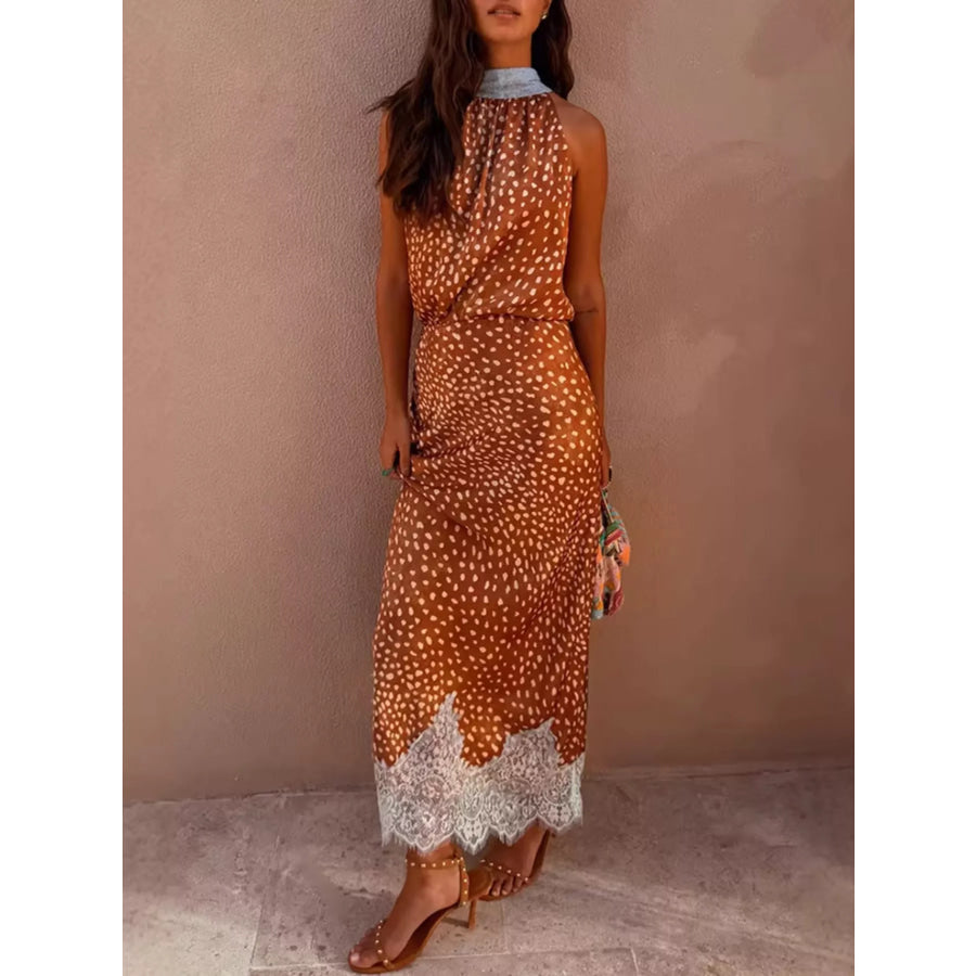 Sleeveless Top and Lace Detail Skirt Set Brown-Top / S Apparel and Accessories