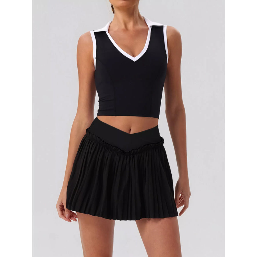 Sleeveless Top and Pleated Skirt Active Set Black / S/4 Apparel and Accessories