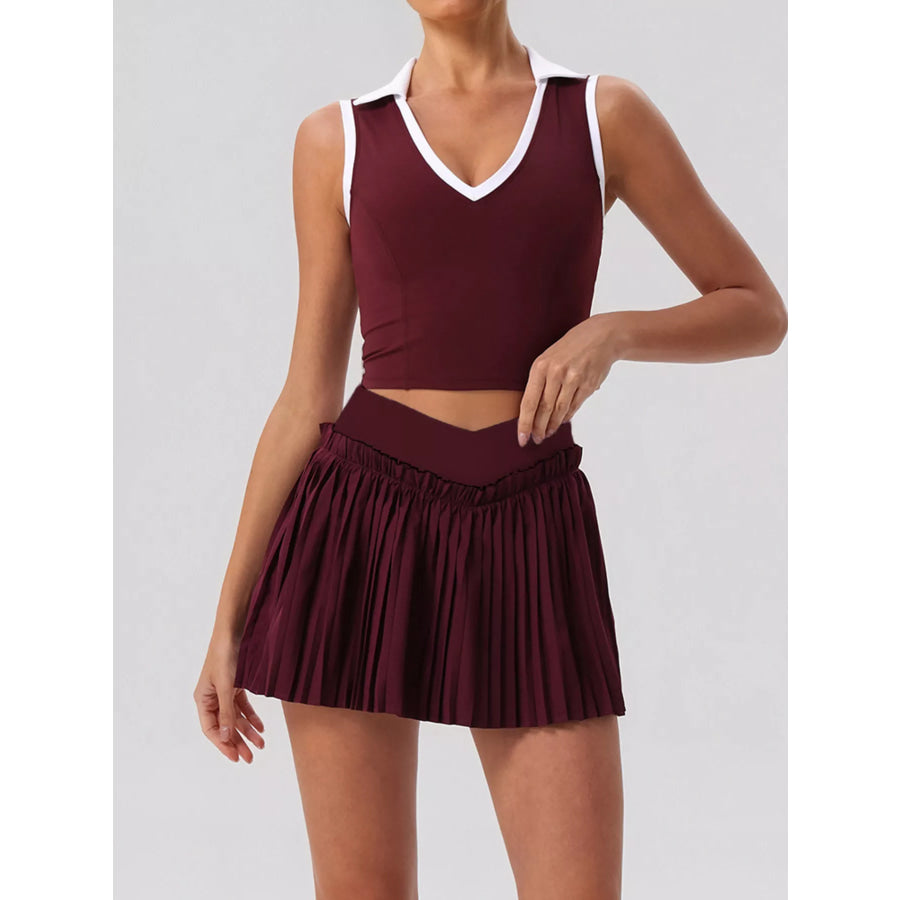 Sleeveless Top and Pleated Skirt Active Set Burgundy / S/4 Apparel and Accessories