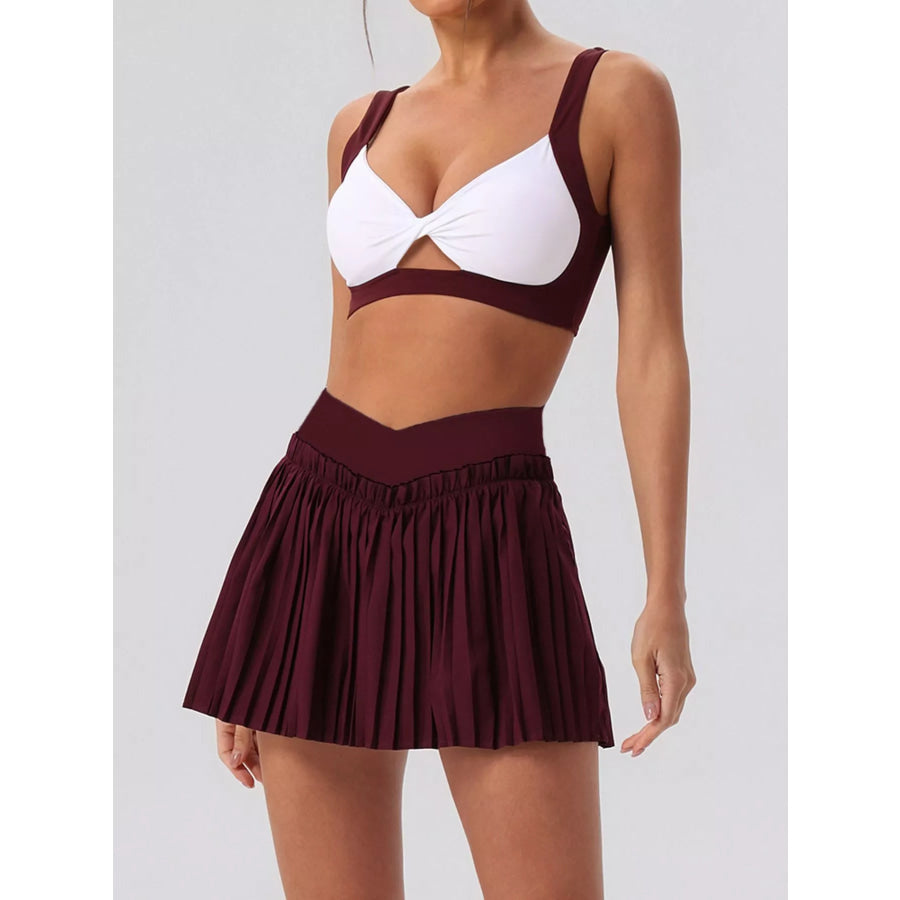 Sleeveless Top and Pleated Skirt Active Set Dark Red / S/4 Apparel and Accessories