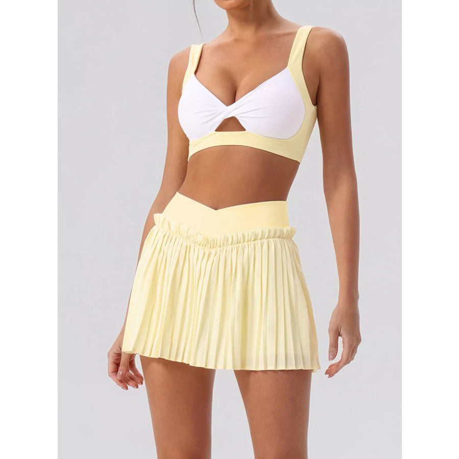 Sleeveless Top and Pleated Skirt Active Set Light Yellow / S/4 Apparel and Accessories