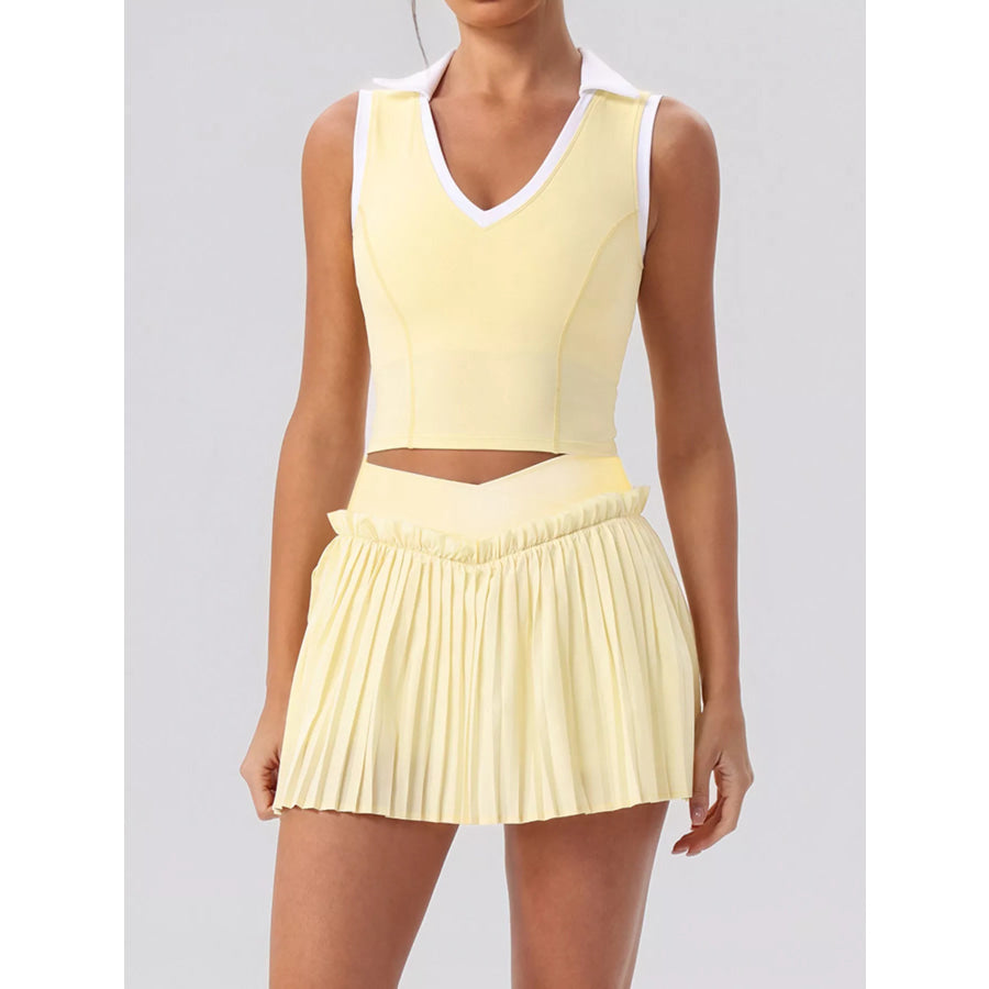 Sleeveless Top and Pleated Skirt Active Set Pastel Yellow / S/4 Apparel and Accessories