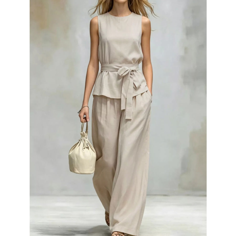 Sleeveless Top and Wide-Leg Pants Set Apricot / S Apparel and Accessories