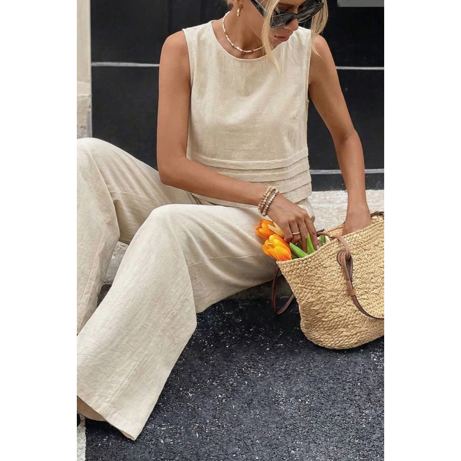 Sleeveless Top and Wide-Leg Pants Set Beige / S Apparel and Accessories