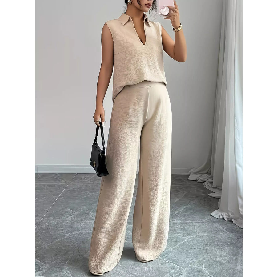 Sleeveless Top and Wide Leg Pants Set Beige / S Apparel and Accessories