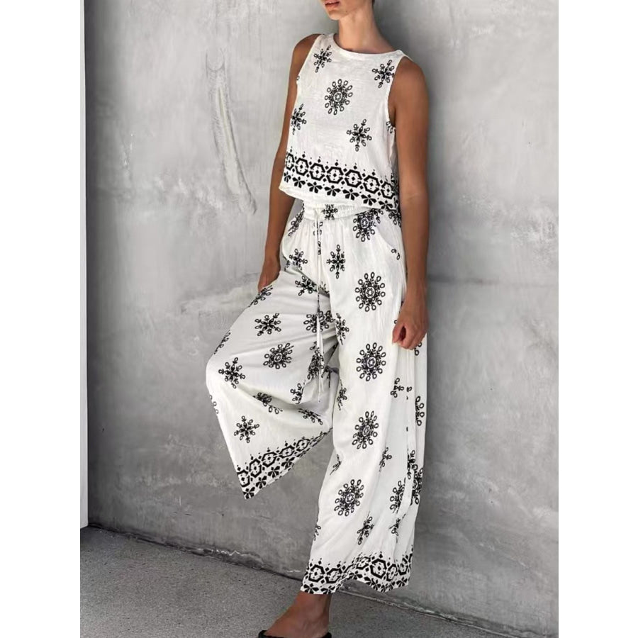 Sleeveless Top and Wide Leg Pants Set Black Flower / S Apparel Accessories