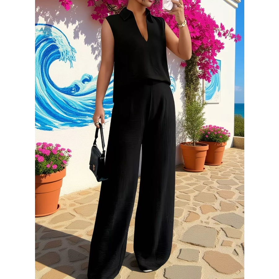 Sleeveless Top and Wide Leg Pants Set Black / S Apparel and Accessories