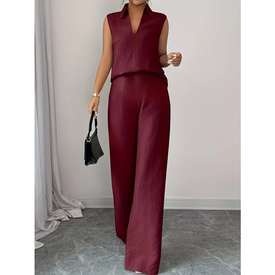 Sleeveless Top and Wide Leg Pants Set Burgundy / S Apparel and Accessories