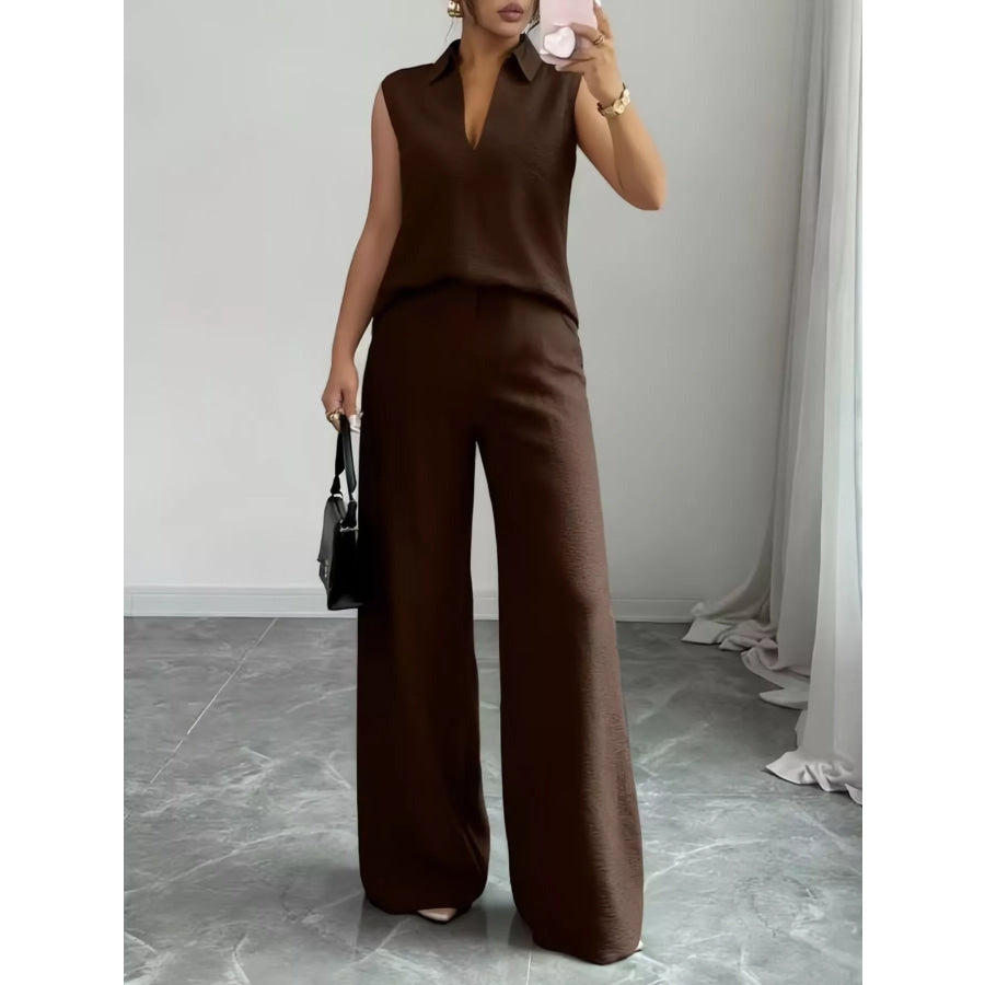 Sleeveless Top and Wide Leg Pants Set Chocolate / S Apparel and Accessories
