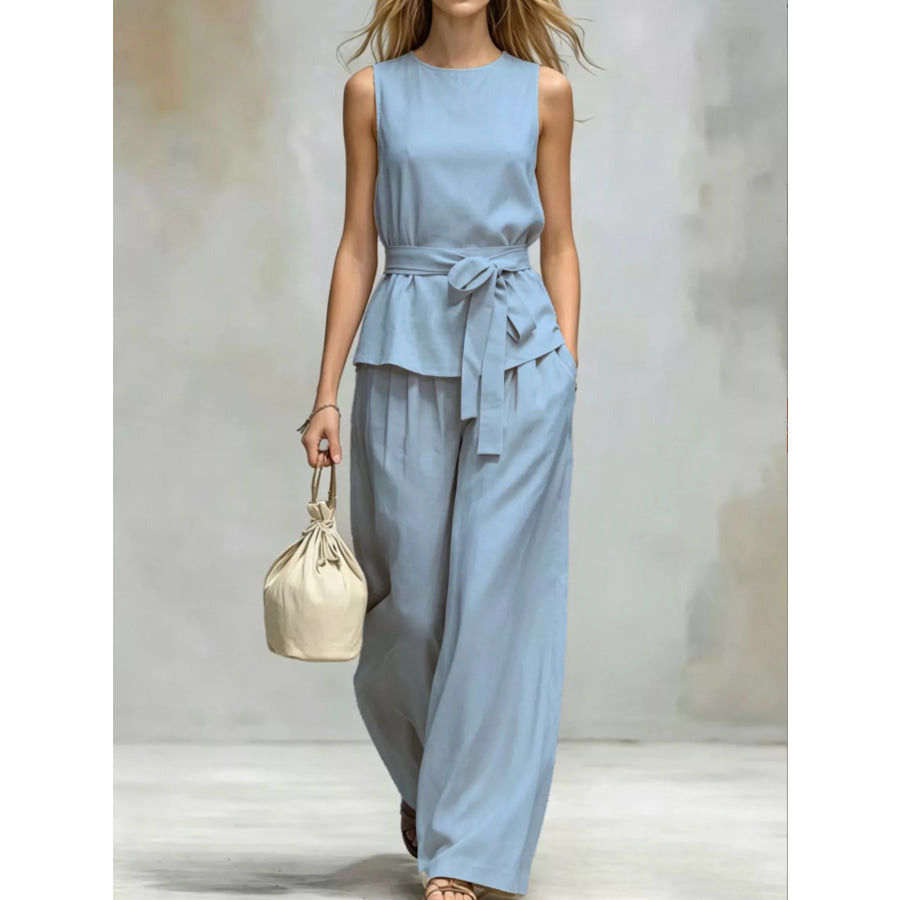 Sleeveless Top and Wide-Leg Pants Set Light Blue / S Apparel and Accessories