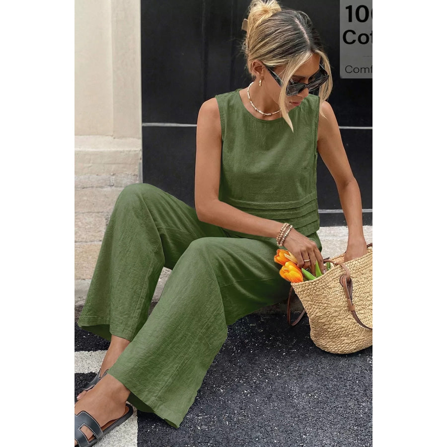 Sleeveless Top and Wide-Leg Pants Set Moss / S Apparel and Accessories