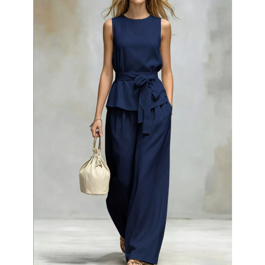 Sleeveless Top and Wide-Leg Pants Set Navy Blue / S Apparel and Accessories