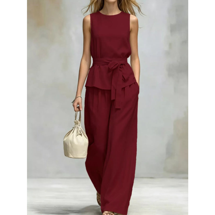 Sleeveless Top and Wide-Leg Pants Set Red / S Apparel and Accessories