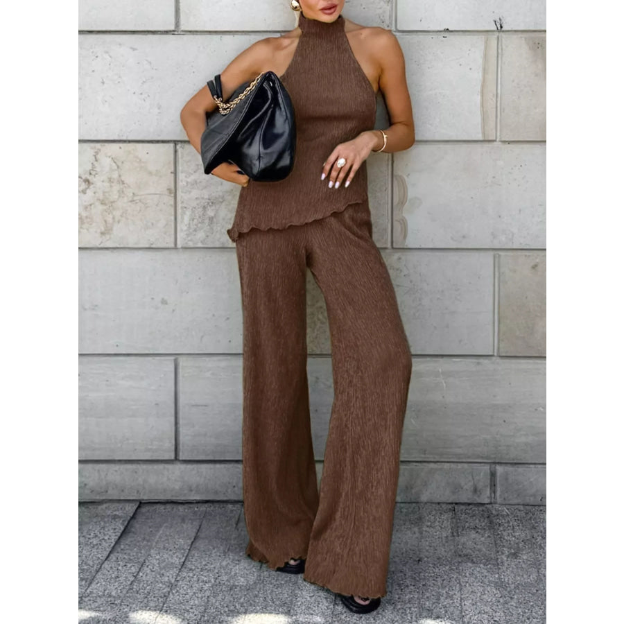 Sleeveless Top and Wide-Leg Pants Two-Piece Set Brown / S Apparel and Accessories