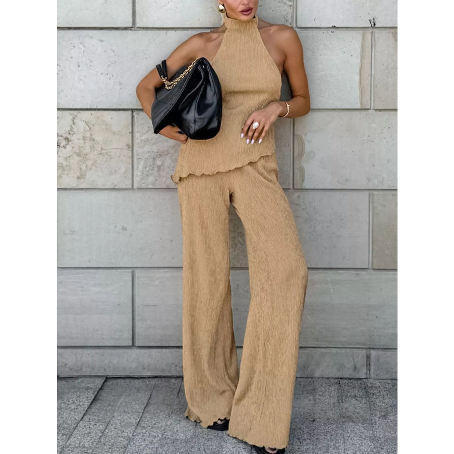 Sleeveless Top and Wide-Leg Pants Two-Piece Set Khaki / S Apparel and Accessories