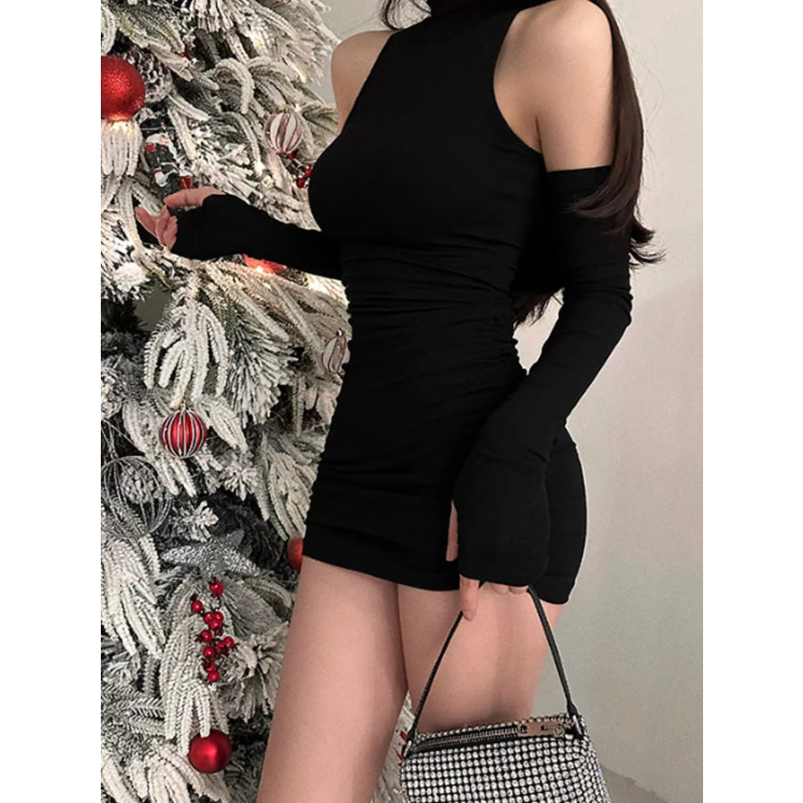 Sleeveless Turtleneck Ruched Bodycon Mini Dress Black-Large GS108 / S Apparel and Accessories
