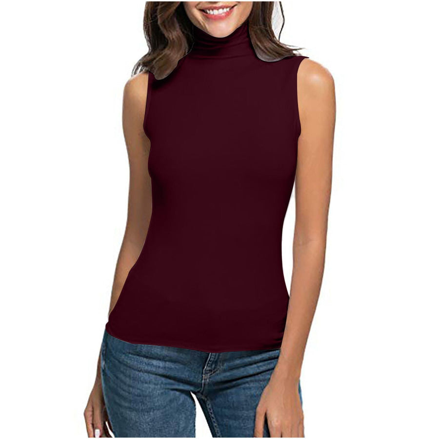 Sleeveless Turtleneck Slim Fit T-Shirt Dark Red / S Apparel and Accessories