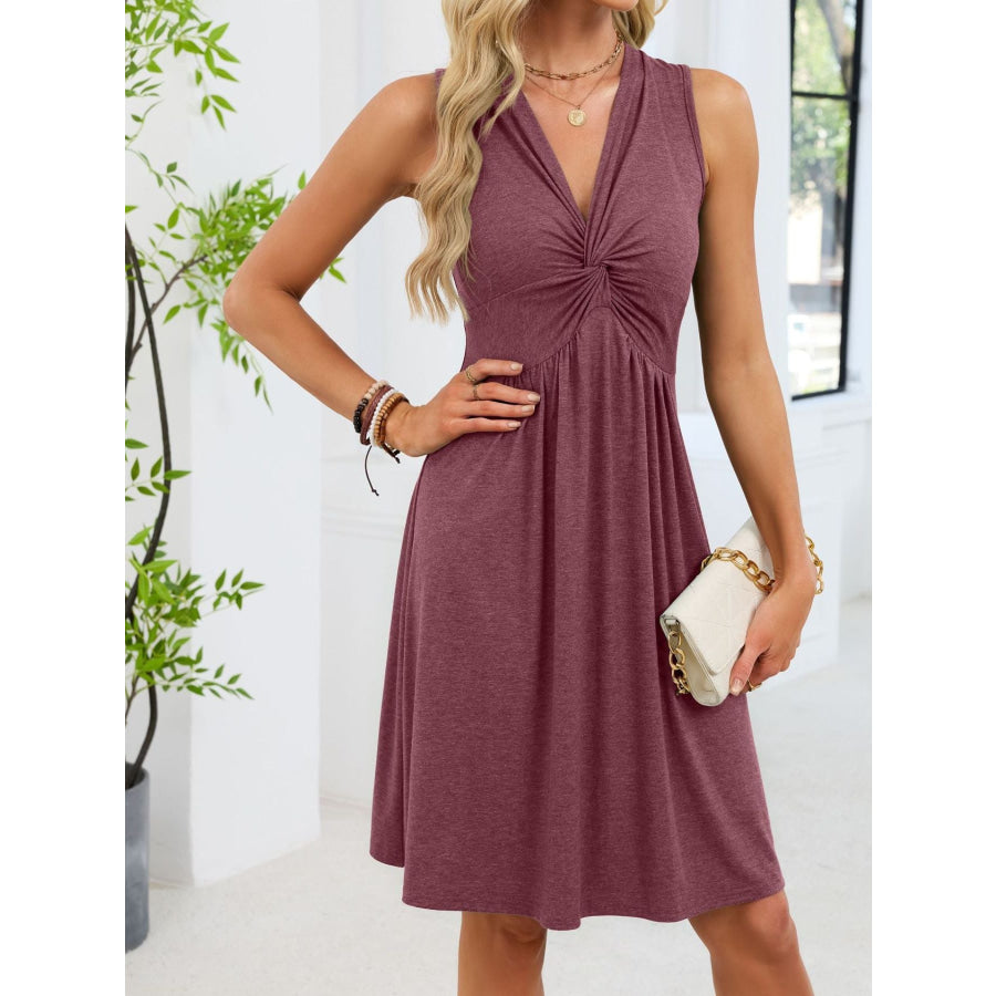 Sleeveless Twist Knot Front Casual Dress Deep Purple / S Apparel and Accessories