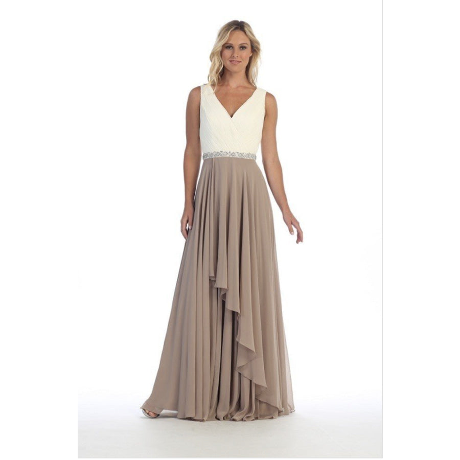 Sleeveless V-Neck Dress with Pleated Detailing and Embellished Waist M / Ivory/Mocha Gown