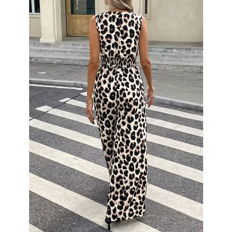 Sleeveless V-Neck Leopard Print Wide Leg Jumpsuit Apparel and Accessories