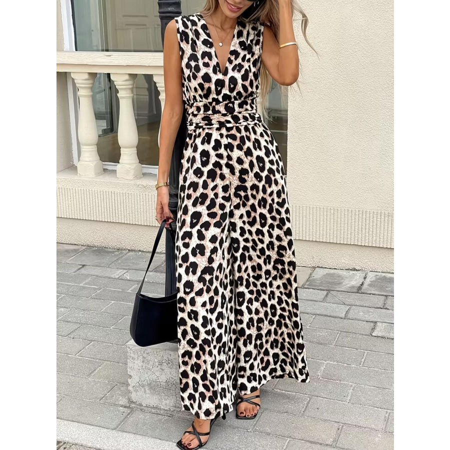 Sleeveless V-Neck Leopard Print Wide Leg Jumpsuit Apparel and Accessories