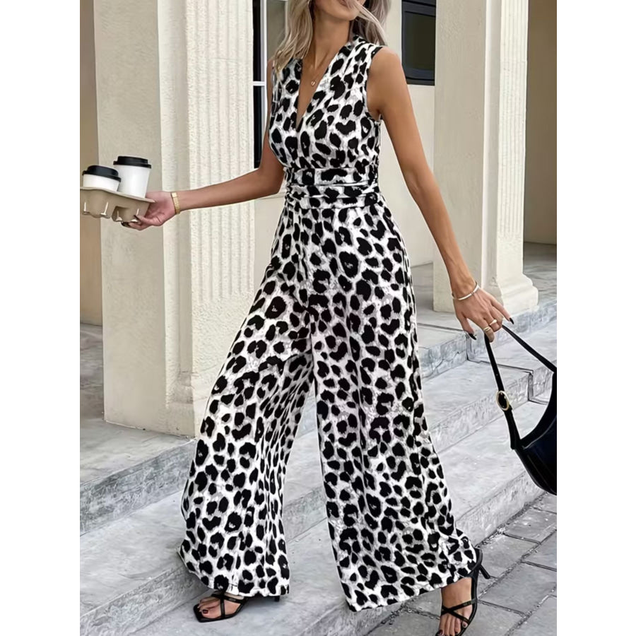 Sleeveless V-Neck Leopard Print Wide Leg Jumpsuit Apparel and Accessories