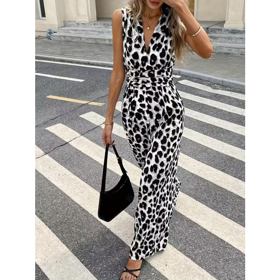 Sleeveless V-Neck Leopard Print Wide Leg Jumpsuit Gray / S Apparel and Accessories