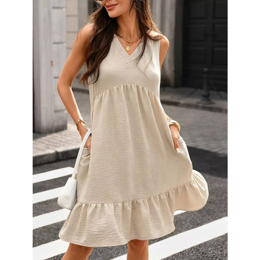 Sleeveless V-Neck Ruffle Hem Casual Dress Apparel and Accessories