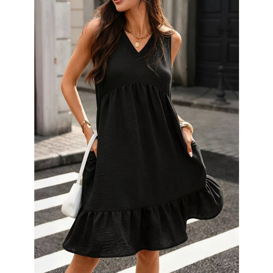 Sleeveless V-Neck Ruffle Hem Casual Dress Apparel and Accessories