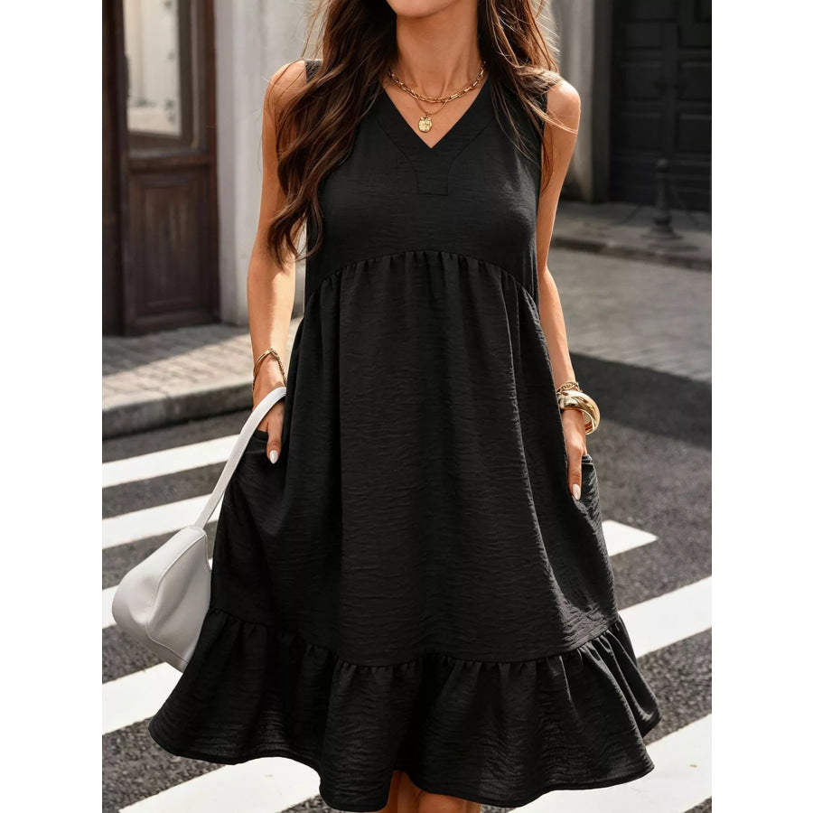 Sleeveless V-Neck Ruffle Hem Casual Dress Black / S Apparel and Accessories