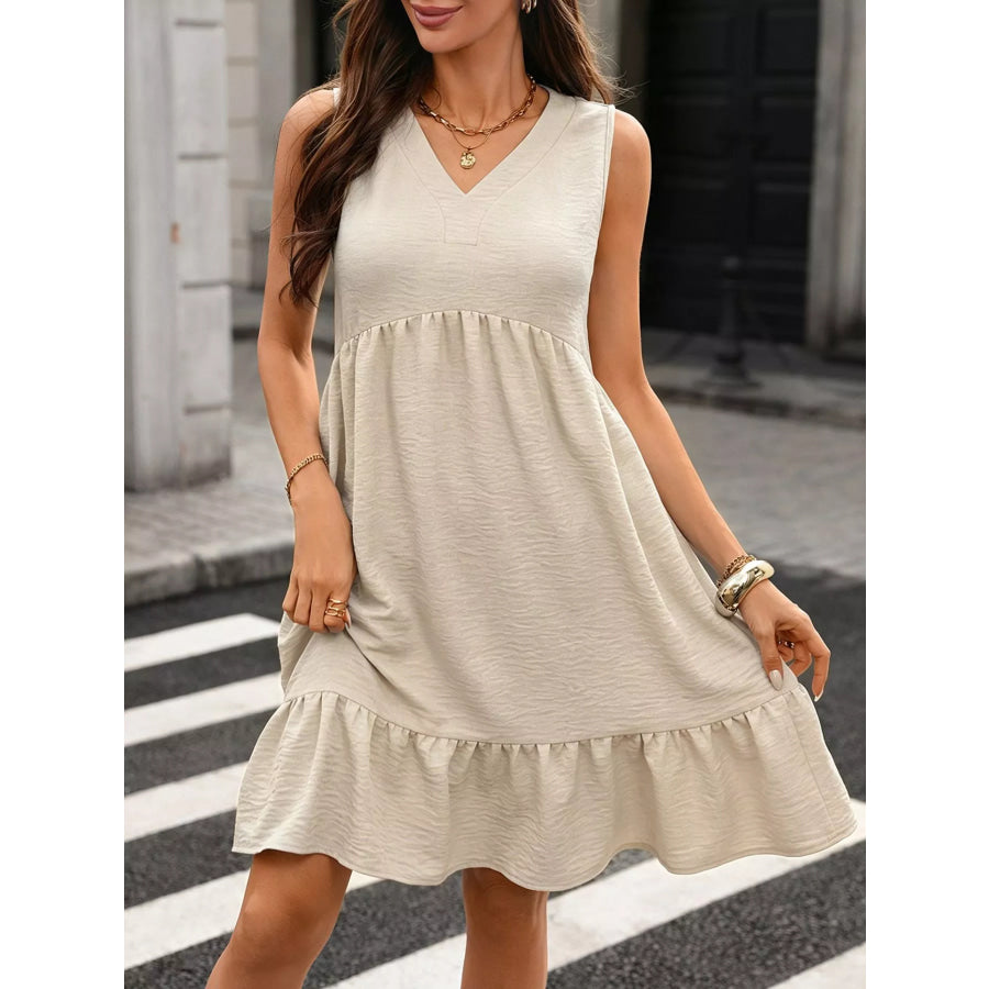 Sleeveless V-Neck Ruffle Hem Casual Dress Khaki / S Apparel and Accessories