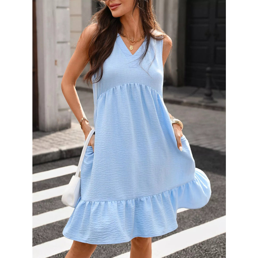 Sleeveless V-Neck Ruffle Hem Casual Dress Sky Blue / S Apparel and Accessories