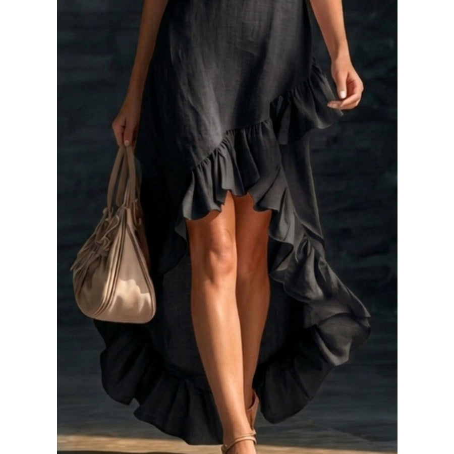 Sleeveless V-Neck Ruffle Hem High-Low Dress Apparel and Accessories