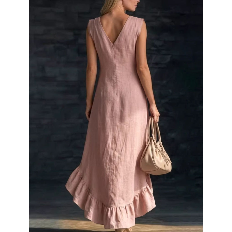 Sleeveless V-Neck Ruffle Hem High-Low Dress Apparel and Accessories