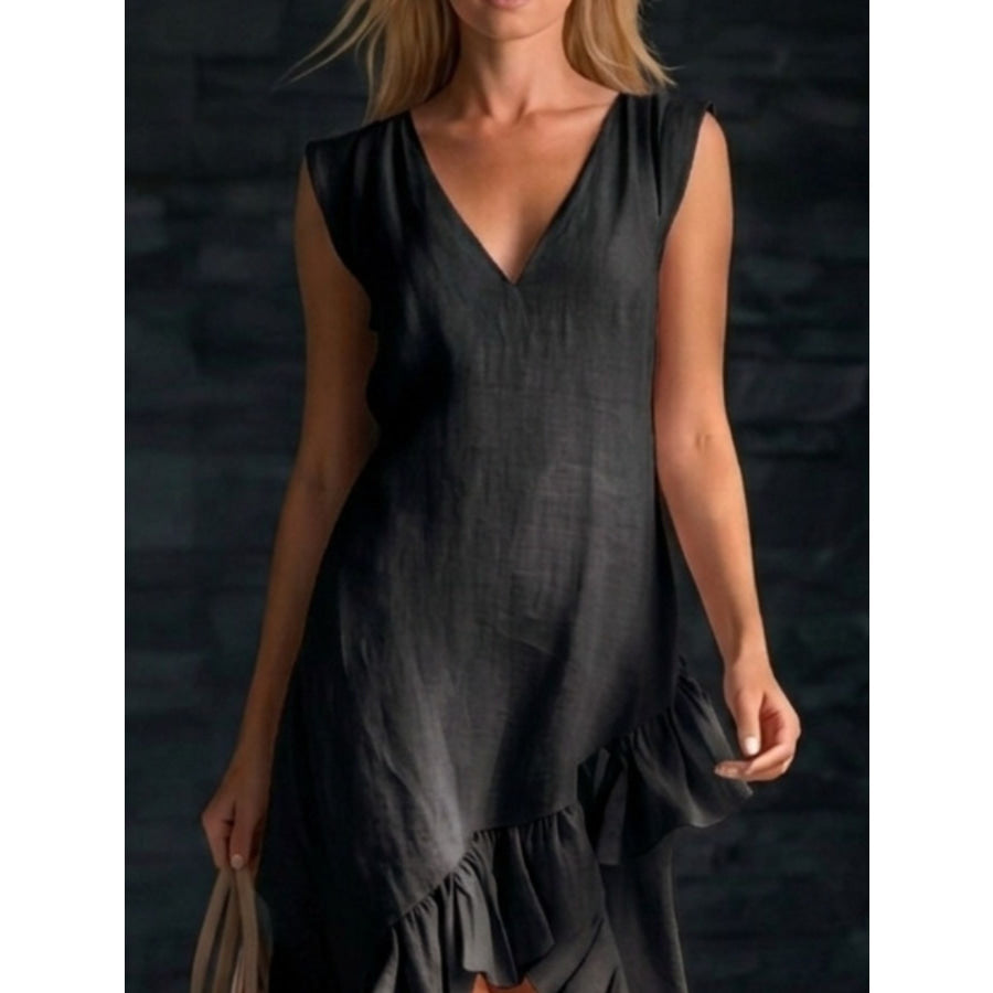 Sleeveless V-Neck Ruffle Hem High-Low Dress Apparel and Accessories