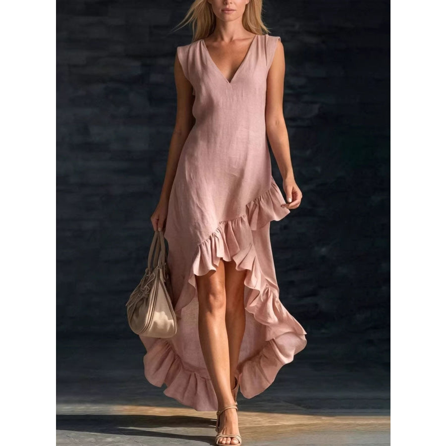 Sleeveless V-Neck Ruffle Hem High-Low Dress Apparel and Accessories