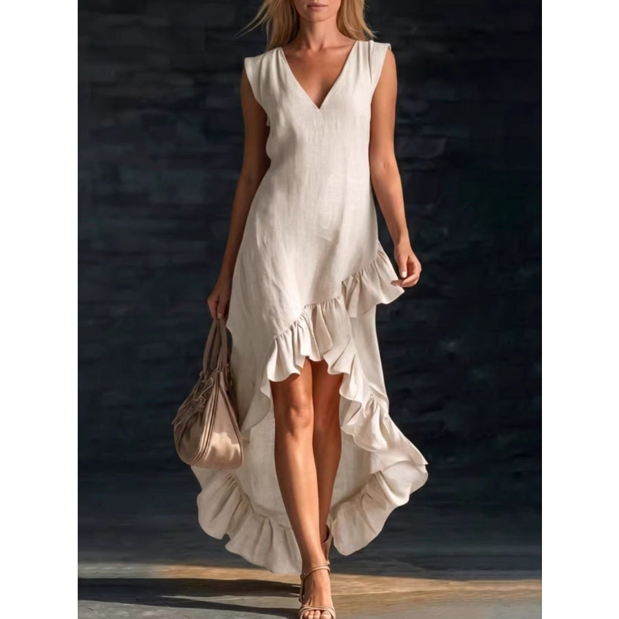 Sleeveless V-Neck Ruffle Hem High-Low Dress Beige / S Apparel and Accessories