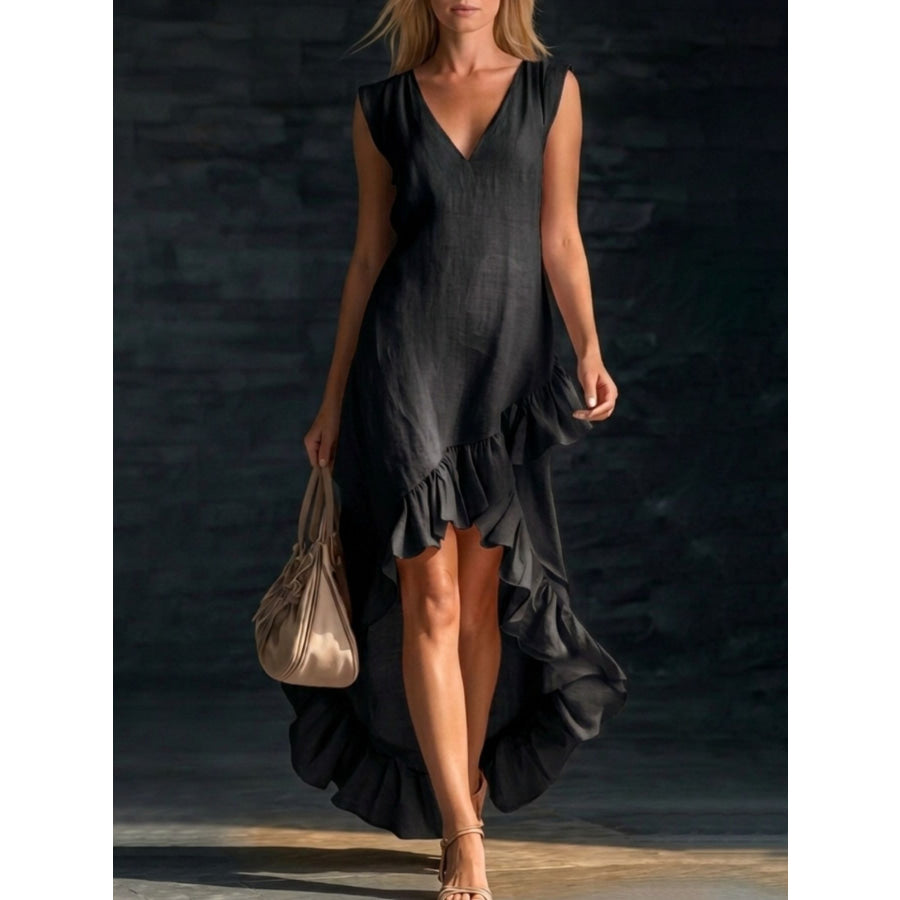 Sleeveless V-Neck Ruffle Hem High-Low Dress Black / S Apparel and Accessories