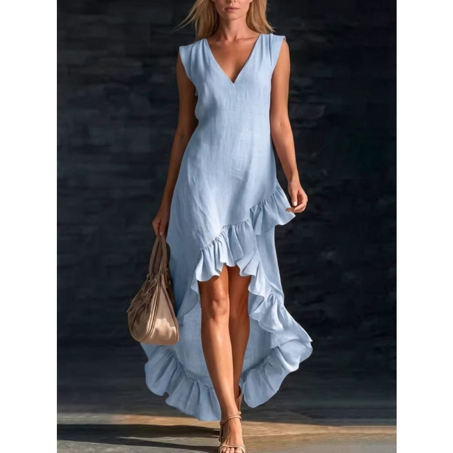 Sleeveless V-Neck Ruffle Hem High-Low Dress Light Blue / S Apparel and Accessories
