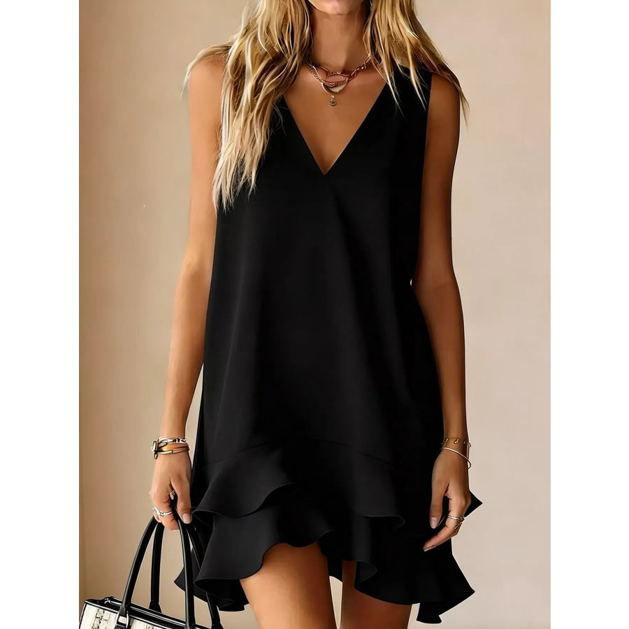 Sleeveless V-Neck Ruffle Hem Mini Dress Black / S Apparel and Accessories