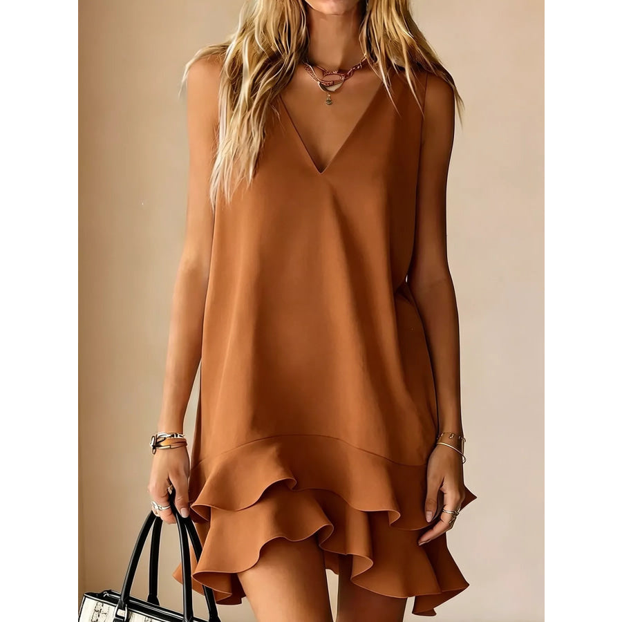 Sleeveless V-Neck Ruffle Hem Mini Dress Brown / S Apparel and Accessories