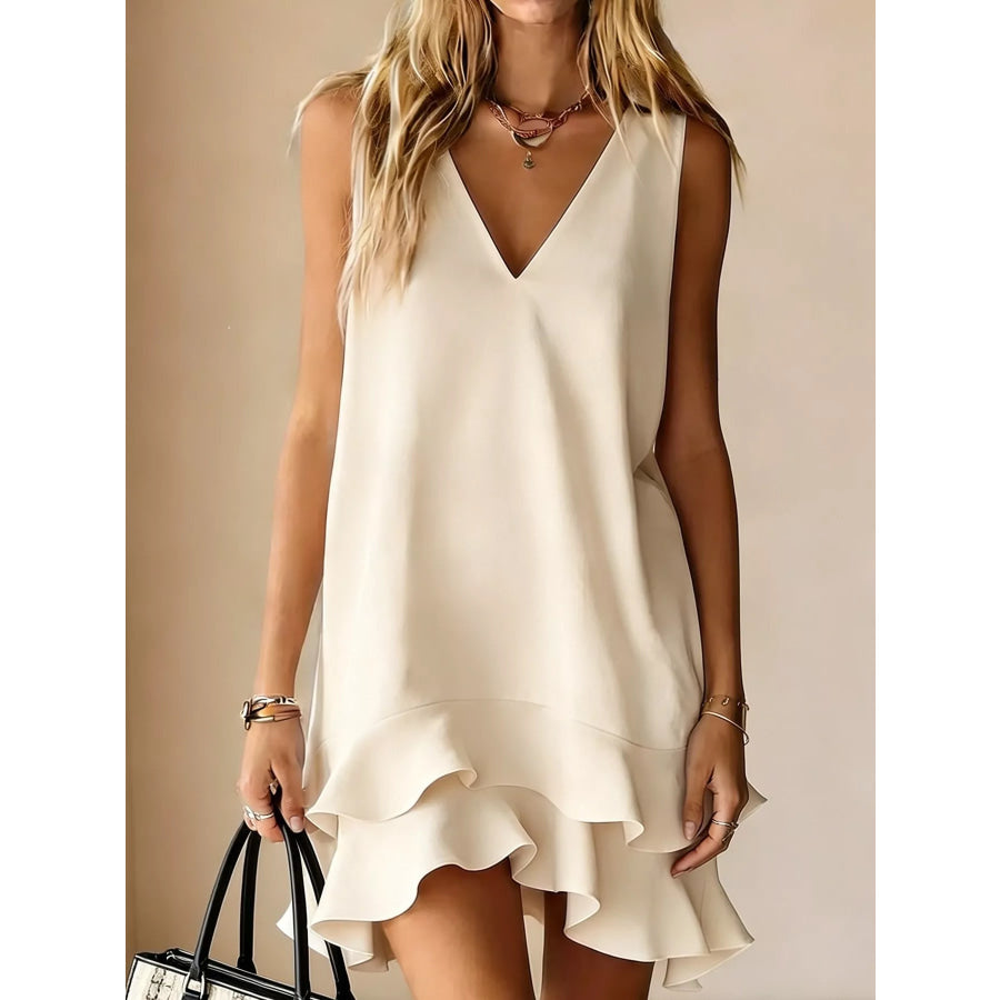 Sleeveless V-Neck Ruffle Hem Mini Dress Ivory White / S Apparel and Accessories