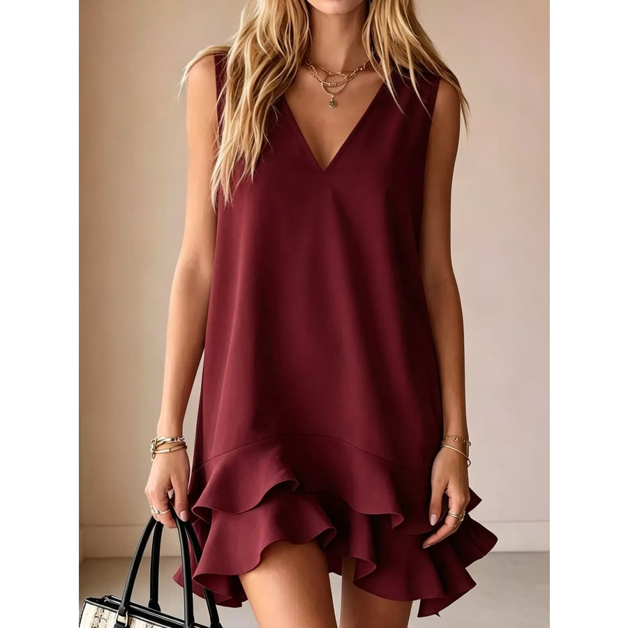 Sleeveless V-Neck Ruffle Hem Mini Dress Wine Red / S Apparel and Accessories