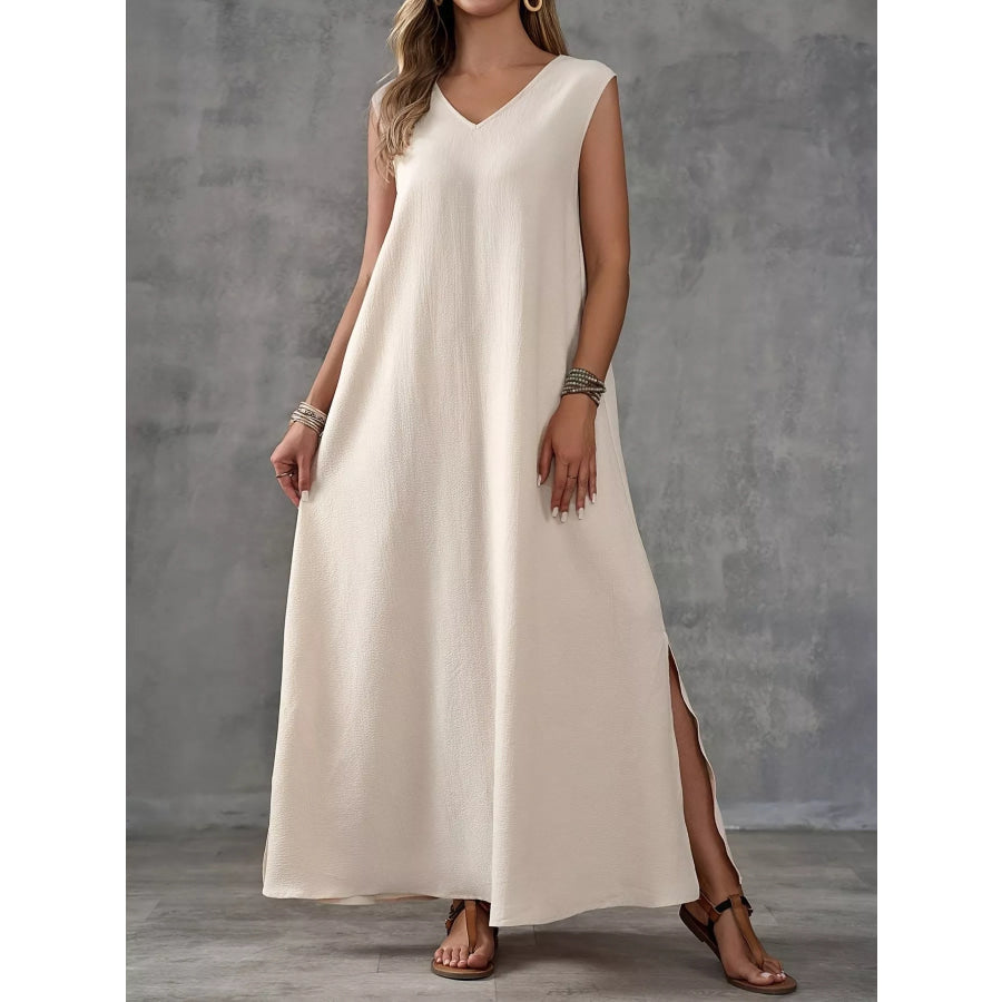 Sleeveless V-Neck Side-Slit Maxi Dress Apricot / S Apparel and Accessories