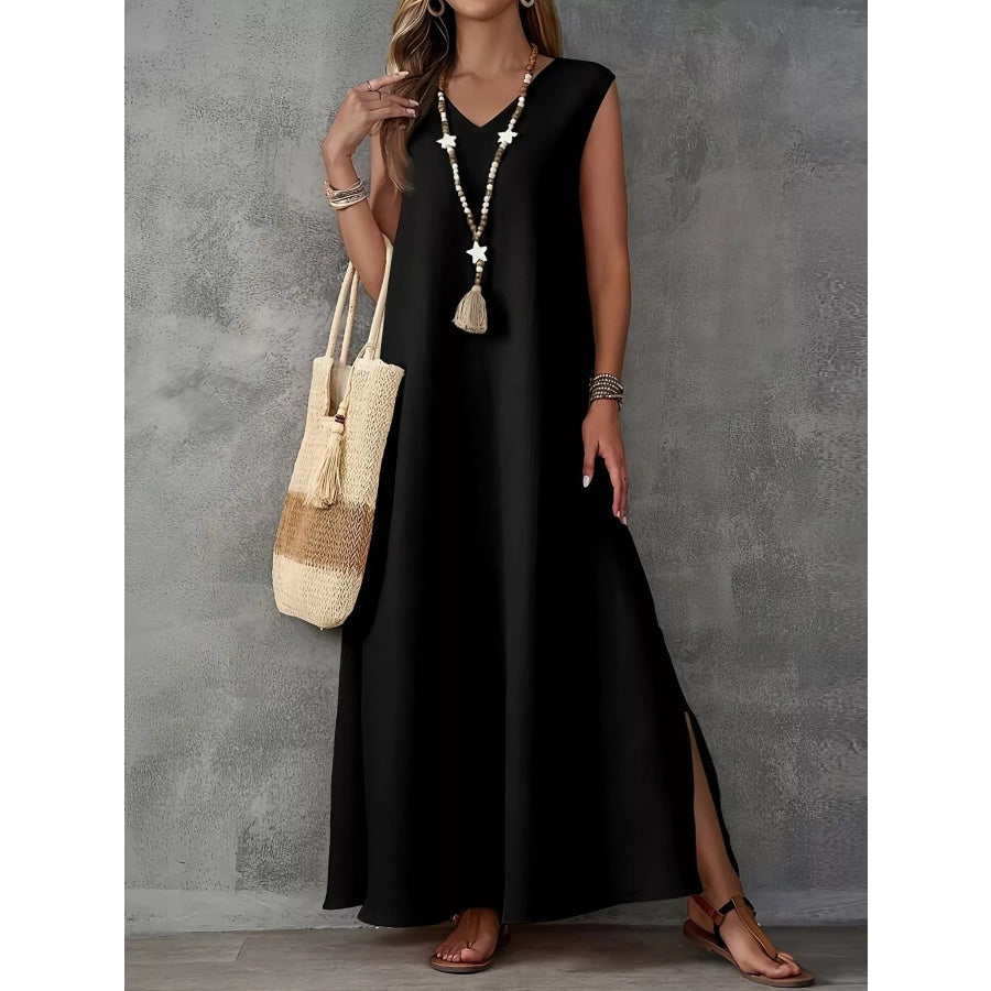 Sleeveless V-Neck Side-Slit Maxi Dress Black / S Apparel and Accessories