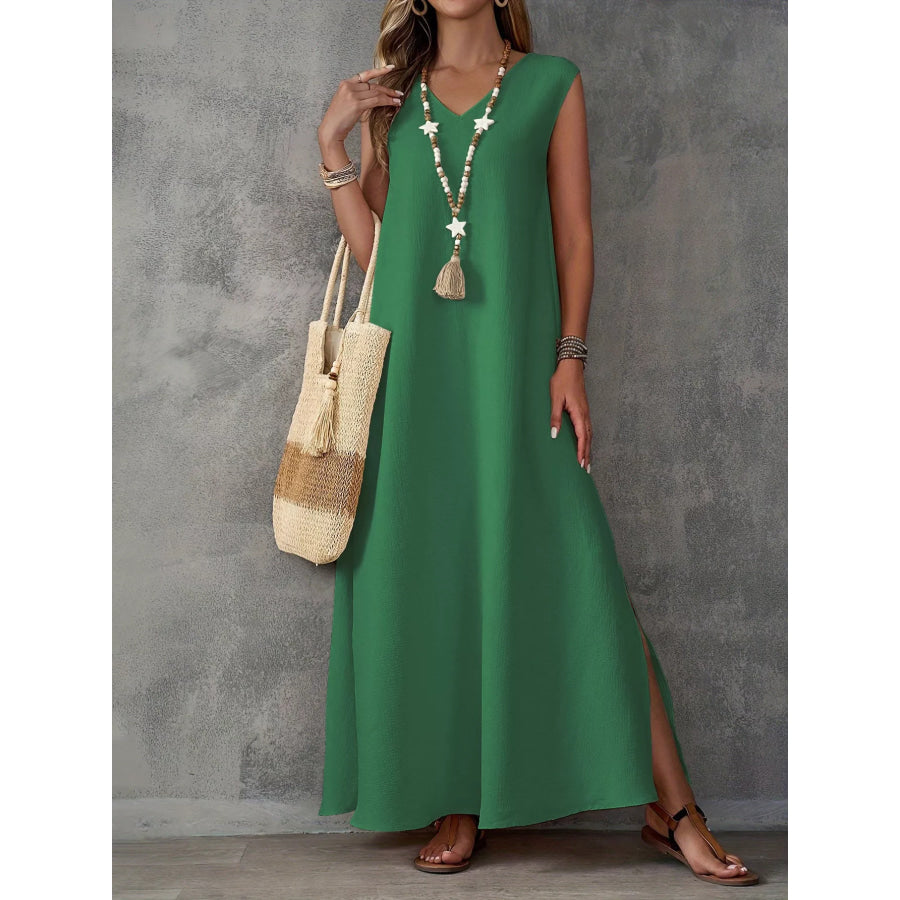 Sleeveless V-Neck Side-Slit Maxi Dress Green / S Apparel and Accessories