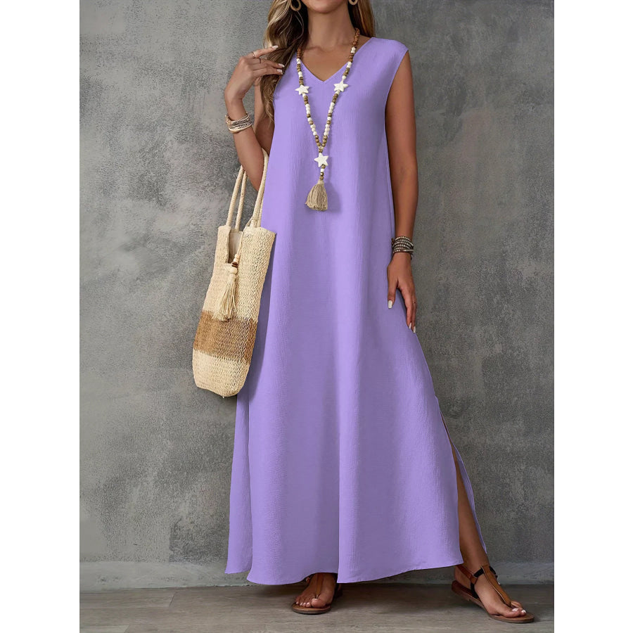 Sleeveless V-Neck Side-Slit Maxi Dress Light Purple / S Apparel and Accessories