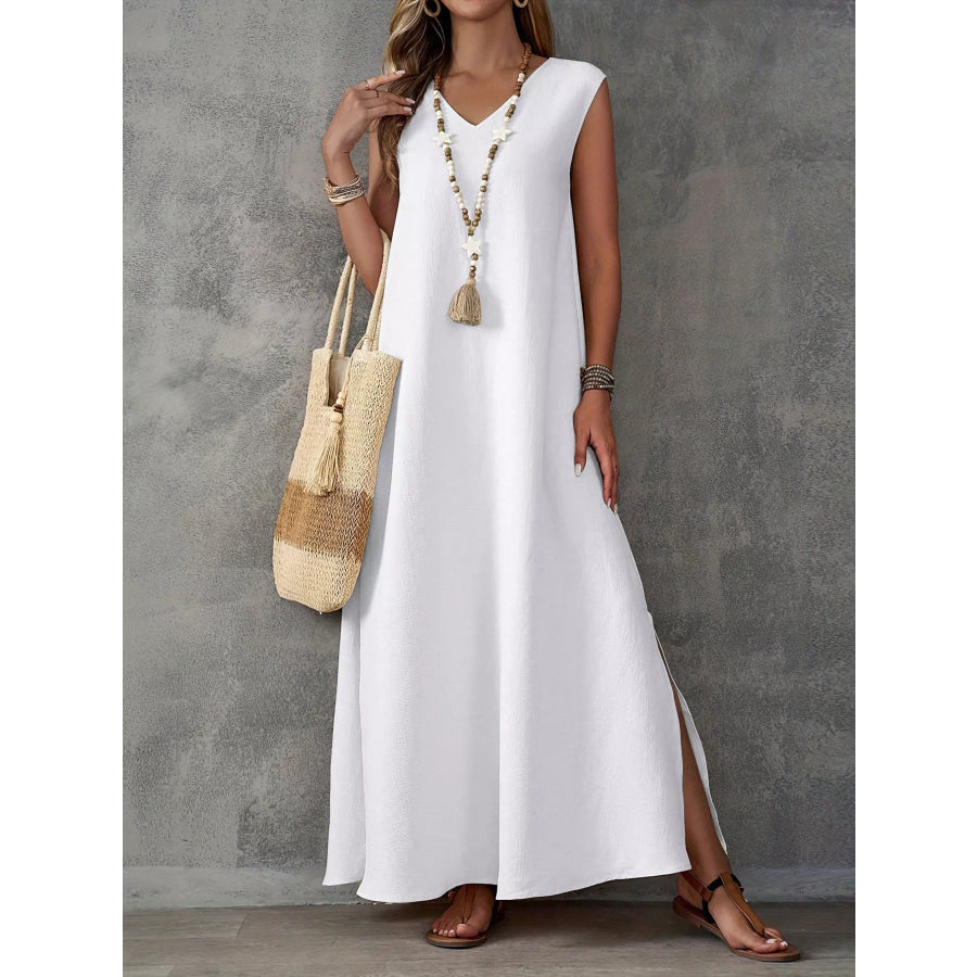 Sleeveless V-Neck Side-Slit Maxi Dress White / S Apparel and Accessories