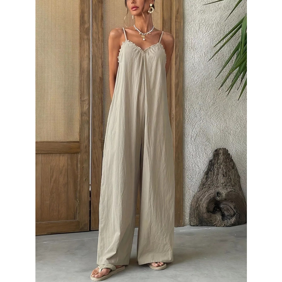 Sleeveless Wide Leg Casual Jumpsuit Khaki / S Apparel and Accessories